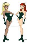 2_girls alternate_costume arm_at_side barbara_gordon bare_legs bare_shoulders batgirl batman:_the_animated_series batman_(series) black_hairband black_lipstick blonde_female blonde_hair blue_eyes boots breasts brown_hair cleavage clenched_hand collarbone contrapposto cosplay dc_comics dcau female_only footwear friends full_body gloves green_boots green_footwear green_gloves green_leotard grin hair_ornament hairband hand_on_hip heroine jettmanas jettmanas_(artist) kara_zor-el kryptonian legs legs_together leotard lips lipstick long_hair looking_at_viewer makeup medium_breasts multiple_girls naughty_face neck parted_lips poison_ivy poison_ivy_(cosplay) pose posing red_hair red_lipstick small_breasts smile standing straight_hair strapless strapless_leotard supergirl superheroine superman:_the_animated_series superman_(series) symmetry thighs transparent_background