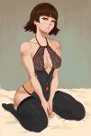 1girl alluring atlus blush brown_hair lingerie makoto_niijima on_bed persona persona_5 red_eyes sega short_hair silf stockings thats-lewdacris thighs