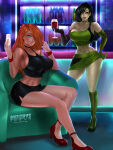 2_girls abs age_difference alcohol alternate_breast_size alternate_costume anicrys arm_support armchair armpits arms_up asymmetrical_gloves bangs bar bar_(place) bare_arms bare_legs bare_shoulders belly belly_button big_breasts big_hips big_thighs black_choker black_gloves black_hair black_shirt black_skirt black_tank_top blush boots bracelet bracelets breasts brooch chair choker cleavage closed_mouth collarbone contrapposto curvaceous curvy disney drink drinking_glass earrings elbow_gloves emerald emerald_(gem) emerald_(gemstone) emerald_(stone) eyebrows female_only footwear gem gemstone glass gloves green_boots green_brooch green_eyes green_footwear green_gloves green_shirt green_skirt grin hair hair_between_eyes hair_over_one_eye hair_over_shoulder half-closed_eyes hand_on_hip hand_up hands_up high_heels holding_drink holding_glass huge_breasts indoors jewelry kim_possible kimberly_ann_possible knee_boots light-skinned_female light_skin lips lipstick long_gloves long_hair looking_at_viewer makeup midriff miniskirt multicolored_clothes multicolored_shirt multiple_girls nail_polish naughty_face navel neck necklace neon neon_lights official_alternate_costume open-mouth_smile open_mouth orange_hair pale-skinned_female pale_skin pencil_skirt pink_lipstick purple_earrings red_bracelet red_earrings red_footwear red_high_heels red_nails rivals round_teeth seductive seductive_smile shego shiny_hair shiny_skin shirt sideboob single-shoulder_shirt sitting sitting_on_armchair sitting_on_chair skirt sleeveless sleeveless_shirt smile standing straight_hair stud_earrings swept_bangs tank_top teen teenage_girl teeth thick_thighs thighs two-tone_shirt upper_teeth upper_teeth_only very_long_hair wide_hips wine wine_glass