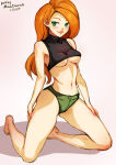 1girl adapted_costume arms_at_sides artist_name bangs bare_arms bare_legs bare_shoulders barefoot black_shirt blush breasts closed_mouth dated disney feet female_only female_solo green_eyes green_panties green_underwear hand_on_leg hand_on_own_leg hand_on_own_thigh hand_on_thigh heroine kim_possible kimberly_ann_possible kneel legs lips lipstick long_hair looking_at_viewer makeup medium_breasts midriff mina_cream minacream navel neck orange_hair panties pink_lipstick shadow shirt simple_background sleeveless sleeveless_shirt sleeveless_turtleneck smile straight_hair swept_bangs teen teenage_girl thighs turtleneck turtleneck_shirt under_boob underwear