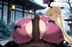 1boy1girl 1girl ai_generated blonde_hair buttjob cosplay curvy curvy_female curvy_figure dark-skinned_male dark_skin horns lusamine morrigan_aensland_(cosplay) nude pokemon pokemon_sm reverse_cowgirl_position sex succubus_costume