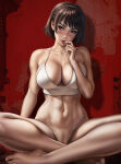 1girl absurd_res alluring areola athletic athletic_female atlus bangs bare_arms bare_legs bare_shoulders bare_skin bare_thighs barefoot big_breasts breast_squish breasts brown_hair child_bearing_hips cute_face dandon_fuga female_abs female_focus female_only fit fit_female genitals hairless_pussy high_res high_resolution hips large_filesize light-skinned_female light_skin looking_at_viewer makoto_niijima megami_tensei naked_from_the_waist_down navel nipples nude_female persona persona_5 pussy red_background red_eyes shaved_pussy shirt shirt_only silf simple_background sitting sitting_down stomach thick_thighs thighs toes toned toned_body toned_female toned_stomach very_high_resolution