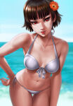 1girl absurd_res alluring athletic_female atlus bangs beach bikini blue_sky brown-haired_female brown_hair crown_braid dandon_fuga female_abs female_focus female_only fit_female flower flower_in_hair high_res light-skinned_female light_skin makoto_niijima medium_breasts medium_hair megami_tensei naked_from_the_waist_down ocean persona persona_5 public red-eyed_female red_eyes sega short-haired_female short_hair smile solo_female solo_focus