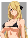 1girl alluring big_breasts bikini blonde_hair cynthia cynthia_(pokemon) grey_eyes hair_ornament long_hair nintendo pokemon pokemon_dppt ra_pen_ smile