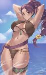 1girl 1girl absurd_res alluring alternate_breast_size armpits athletic_female big_breasts bikini blue_sky calmgreentori cloud commentary_request facial_mark female_abs fire_emblem fire_emblem:_three_houses fire_emblem_heroes fit_female high_res intelligent_systems long_hair looking_at_viewer navel nintendo ocean official_alternate_costume outside partially_submerged petra_macneary petra_macneary_(summer) ponytail purple_eyes purple_hair sky stomach swimsuit water