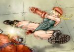  1boy 1girl abs bare_shoulders beret blonde_hair blue_eyes bodypaint boots braid breasts cammy_white capcom erect_nipples fingerless_gloves gloves green_leotard hat highleg_leotard kicking leotard long_hair m_bison medium_breasts muscle solo_focus street_fighter teketeke_(tekenotteke) thong_leotard twin_braids 