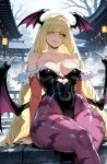 1girl ai_generated blonde_hair cosplay curvy curvy_female curvy_figure horns lusamine morrigan_aensland_(cosplay) pokemon pokemon_sm sitting succubus_costume