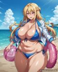 1girl 1girl 1girl ball beach beachball belly big_breasts bikini bikini_bottom bikini_bottom_aside blonde_hair blue_bikini blue_eyes blue_sky blue_swimsuit blush bracelet braid breasts cleavage clothing clothing_aside cloud collarbone covered_nipples curvy day french_braid front-tie_bikini_top front-tie_top hair_between_eyes hair_ribbon holding holding_ball holding_beachball huge_breasts innertube jacket jewelry long_hair long_sleeves looking_at_viewer mosaic_censoring navel nipples ocean open_clothes open_jacket open_mouth outside plump pussy pussy_juice ribbon sand shore side-tie_bikini_bottom side-tie_clothing side-tie_swimsuit sky smile standing sweat swim_ring swimsuit thick_thighs thighs waifuai_studio water white_jacket wide_hips