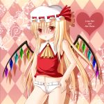 1girl :t alternate_hair_length alternate_hairstyle ascot blonde_hair dotera-otoko female flandre_scarlet hanazome_dotera hands_on_hips hat long_hair navel no_panties pout short_shorts shorts solo touhou unzipped wings