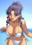 1girl bare_shoulders big_breasts bikini blush breasts cleavage cloud glasses hanging_breasts huge_breasts large_breasts long_hair macross macross_frontier magaki_ryouta matsuura_nanase ocean open_mouth purple_hair side-tie_bikini sky smile solo swimsuit