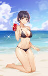 1girl 1girl alluring atlus beach big_breasts bikini black_bikini black_hair black_swimsuit clouds crown_braid holding_soda kneel looking_at_viewer makoto_niijima maoshinian1 medium_breasts midriff navel ocean outside persona persona_5 red_eyes sega short_hair silf sky soda_can swimsuit water