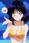 1girl adult_swim alluring bikini bishoujo_senshi_sailor_moon bishoujo_senshi_sailor_moon_s bishoujo_senshi_sailor_moon_supers black_hair cleavage hotaru_tomoe medium_breasts purple_eyes sepia_tone_(artist) toei_animation toonami viz_media wink