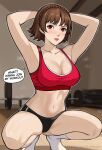 1girl alluring atlus basketball_court blush brown_hair cleavage dialogue female_only gym indoors lepypepy makoto_niijima medium_breasts persona persona_5 red_eyes sega short_hair silf squatting sweat tight_clothing workout workout_clothes