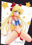 1girl adult_swim alluring big_breasts bishoujo_senshi_sailor_moon bishoujo_senshi_sailor_moon_r bishoujo_senshi_sailor_moon_r_the_movie bishoujo_senshi_sailor_moon_s bishoujo_senshi_sailor_moon_s_the_movie bishoujo_senshi_sailor_moon_supers bishoujo_senshi_sailor_moon_supers_the_movie blonde_hair blue_eyes blush blush_stickers bra cameltoe collarbone covered_erect_nipples hair_ornament hair_ribbon hand_on_own_chest high_heels long_hair looking_at_viewer minako_aino munmu ribbon ribbon_trim sailor_moon_narikiri_bra_set sailor_venus star_(symbol) thighs tiara toei_animation toonami underwear underwear_only very_long_hair viz_media