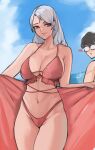 1boy 1girl 1girls akira_kurusu alluring atlus beach belly big_breasts big_breasts bikini bikini_bottom bikini_top blush cloud glasses grin heart-shaped_pupils male nero_watch persona persona_5 persona_5_royal persona_5_scramble:_the_phantom_strikers red_bikini red_bikini_bottom red_bikini_top red_eyes ren_amamiya sae_niijima sea sega silf smile thick_thighs thunder_thighs white_hair