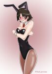1girl alluring arms_crossed atlus axel_persona blush bunny_ears bunnysuit female_only leggings makoto_niijima nervous persona persona_5 red_eyes sega short_hair silf solo_female tie
