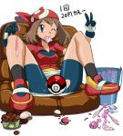  1girl bad_id bandana bandanna bike_shorts blue_eyes brown_hair censored condom condom_in_mouth gloves haruka_(pokemon) mouth_hold poke_ball pokemon prostitution ryunryun simple_background solo spread_legs used_condom v white_background 