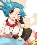 1girl bent_over blue_hair breasts cleavage fingerless_gloves gloves hinata_(pokemon) irouha large_breasts looking_at_viewer minun open_clothes open_mouth open_shirt plusle pokemon pokemon_ranger red_eyes shirt sleepy yawning zipper