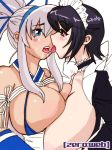  2girls bikini black_hair blue_eyes blush breast_press breasts brown_eyes choker cleavage dark_skin hair hair_ribbon huge_breasts iroha iroha_(samurai_spirits) kiss long_hair maid maid_headdress majikina_mina multiple_girls ponytail queen&#039;s_gate ribbon saliva saliva_trail samurai_spirits short_hair swimsuit tongue tongue_out white_hair yuri zero_hime 