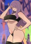 1girl 1girl alluring artist_name bare_shoulders big_breasts black_panties black_thighhighs blurry blurry_background camilla_(fire_emblem) female_focus fire_emblem fire_emblem_fates fire_emblem_heroes fire_emblem_warriors hair_over_one_eye hand_in_own_hair hand_on_own_hip high_res ihsnet intelligent_systems long_hair looking_at_viewer matching_hair/eyes nintendo panties parted_lips purple_eyes purple_hair smile stockings teeth thighs underwear watermark