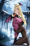 1boy1girl 1girl ai_generated ass blonde_hair cosplay curvy curvy_female curvy_figure dark-skinned_male dark_skin face_in_ass horns lusamine morrigan_aensland_(cosplay) nude pokemon pokemon_sm succubus_costume