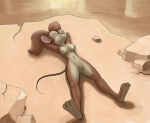 1girl above_view an_american_tail anthro arms_behind_head barefoot breasts brown_fur brown_hair desert female female_only fur furry furry_breasts furry_ears hair lying mammal mouse mysterybbq nude on_back plantigrade ponytail pussy rodent round_ears solo tail tanya_mousekewitz tied_hair universal_pictures universal_studios