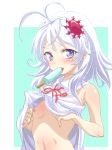  antenna_hair blue_eyes blush breasts denpa_onna_to_seishun_otoko hair_ornament high_res hoshimiya_yashiro mouth_hold nipples no_bra popsicle shirt_lift small_breasts tora_(net1nen) white_hair 