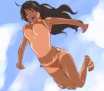 1girl armpits barefoot bikini blush blush_stickers breasts brown_eyes brown_hair closed_eyes dark_skin feet hair incest_paradise jump jumping knees_together_feet_apart kuzukago_(bitchmaker) large_breasts long_hair no_graffiti open_mouth orange_bikini outstretched_arms shiny shiny_skin side-tie_bikini skindentation sky smile solo spread_arms swimsuit tan tan_line underboob