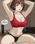 1girl 1girl 1girl alluring atlus basketball_court blush brown_hair cleavage dialogue female_only gym indoors lepypepy makoto_niijima medium_breasts persona persona_5 red_eyes sega short_hair silf squatting sweat tight_clothing workout workout_clothes