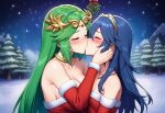 2girls accurate_art_style alluring alternate_costume bare_shoulders blue_hair blush christmas christmas_outfit closed_eyes crossover deep_kissing dress face_grab female_only fire_emblem fire_emblem_awakening fire_emblem_warriors green_hair intelligent_systems kid_icarus kissing laurel_crown light-skinned_female long_hair lucina lucina_(fire_emblem) medium_breasts mistletoe multiple_females multiple_girls night nightcore_(artist) nintendo palutena snow starry_sky tree upper_body yuri