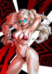 1girl 1girl 2d alluring ann_takamaki athletic_female atlus big_breasts bikini blonde_eyebrows blonde_hair blue-tinted_eyewear blue_eyes earrings female_abs female_only fit_female hands_behind_head holding_head legs long_hair looking_at_viewer looking_over_eyewear looking_over_glasses looking_over_sunglasses megami_tensei nemodecy pale_skin partially_nude persona persona_5 red_background red_bikini sega string_bikini sunglasses tinted_eyewear tongue tongue_out twin_tails