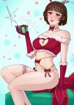 1girl alluring atlus bikini black_hair christmas christmas_outfit holding_object japanese japanese_female light-skinned_female light_skin looking_at_viewer makoto_niijima medium_breasts open_mouth persona persona_5 persona_5_royal red_draws red_eyes sega silf