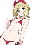 1girl 2d 2d_(artwork) bangs belly belly_button bikini blonde_hair blue_eyes blush closed_mouth clothed clothes clothing collarbone ecgg_(tsuji418477) flat_belly headwear hourglass_figure human irida_(pokemon) light-skinned_female light_skin looking_at_viewer medium_hair navel pale-skinned_female pale_skin red_bikini red_headwear red_swimsuit shaved_crotch simple_background slim_waist small_breasts standing straight_hair swimsuit tied_hair under_boob upper_body white_background wide_hips