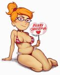 1girl 1girl adult_swim bikini breasts christmas female_focus female_only light-skinned_female light_skin looking_at_viewer merry_christmas micro_bikini orange_hair sign smiling_friends striped_bikini thick_thighs vapnades zoey_(smiling_friends)