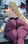 1girl ai_generated ass blonde_hair cosplay curvy curvy_female curvy_figure horns lusamine lying_on_stomach morrigan_aensland_(cosplay) pokemon pokemon_sm succubus_costume
