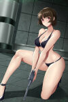 1girl 1girl 1girl alluring atlus big_breasts black_bra black_panties blaster_(weapon) blush brown_hair cleavage crouching crown_braid female_only firearm gun handgun high_heels lindaroze makoto_niijima medium_breasts persona persona_5 revolver sega short_hair silf weapon