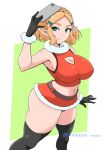 1girl alluring belt big_breasts black_belt black_gloves black_panties black_thighhighs blonde_hair braid cellphone christmas cleavage cleavage_cutout clothing_cutout crown_braid fur-trimmed_gloves fur-trimmed_shirt fur-trimmed_skirt fur_trim gloves green_eyes hair_ornament hairclip holding holding_phone looking_up midriff momocka-art navel nintendo panties panty_peek phone pointy_ears princess_zelda red_shirt red_skirt santa_costume selfpic shirt short_hair skirt sleeveless sleeveless_shirt smartphone smile standing stockings the_legend_of_zelda the_legend_of_zelda:_tears_of_the_kingdom thick_thighs thighs underwear white_background wide_hips