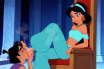 1boy 1girl aladdin aladdin_(1992_disney_film) aladdin_(series) alternate_hairstyle angry aqua_pants aqua_shirt arabian_clothes arabian_female arabian_male arphaxadcy arphaxadcy_(artist) bangs bare_shoulders barefoot black_hair blue_eyeshadow breasts brown_eyes chair closed_eyes closed_mouth dark-skinned_female dark-skinned_male dark_skin disney disney_princess duo earrings eyeshadow femdom foot_licking gold_earrings gold_jewelry gold_necklace half-closed_eyes harem_outfit harem_pants head_back head_down hetero humiliated humiliation indoors jewelry licking licking_foot lips lipstick long_hair looking_at_another looking_down makeup malesub medium_breasts midriff nail_polish navel neck necklace off-shoulder_shirt off_shoulder on_chair open_mouth pants parted_bangs princess princess_jasmine purple_vest red_lipstick red_nails revealing_clothes shirt short_hair sitting sitting_on_chair sitting_on_throne small_breasts thick_eyebrows throne throne_room tied_hair toenail_polish tongue tongue_out topknot upper_body vest