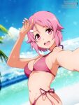 1girl 1girl 1girl alluring arm_up beach big_breasts big_breasts big_breasts bikini cleavage female_only high_res legs lisbeth looking_at_viewer navel ocean open_mouth pink_bikini pink_eyes pink_hair shinozaki_rika short_hair shugo19 smile swimsuit sword_art_online thighs voluptuous water