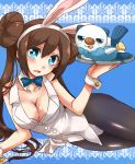 1girl alternate_costume animal_costume animal_ears blue_background blue_eyes blush bow bowtie breasts brown_hair bunny_costume bunny_ears bunnysuit cleavage detached_collar double_bun irouha long_hair looking_at_viewer lying mei_(pokemon) nintendo oshawott pantyhose pokemon pokemon_(game) pokemon_bw2 shell twin_tails twintails wrist_cuffs