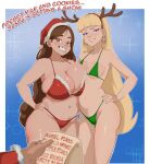 1girl 2_girls accessory aged_up antler_headband bedroom_eyes big_breasts big_breasts bikini blonde_hair blue_eyes blurry_foreground blush border braces breasts brown_hair christmas cleavage clothed clothing curvaceous curvy curvy_figure disney disney_channel disney_xd duo duo_focus ear_piercing earrings english_text eyeshadow female_focus gravity_falls green_bikini green_clothing green_fingernails green_nail_polish green_nails green_swimsuit hair_accessory hair_ornament hairband half-closed_eyes hand_on_hip hat headwear holidays honeyshot hoop_earrings huge_breasts jewelry light-skinned_female light_skin long_hair looking_at_viewer mabel_pines makeup matching_hair/eyes multiple_girls nail_polish narrowed_eyes navel pacifica_northwest piercing pink_eyeshadow portrait pose red_bikini red_clothing red_swimsuit santa_hat seductive seductive_look sexy sexy_body sexy_breasts smile smiling_at_viewer standing swimsuit swimwear teeth text thicc thick_thighs thighs three-quarter_portrait very_long_hair white_border wide_hips