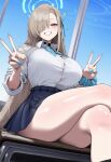1girl ai_generated ass asuna_(blue_archive) blue_archive blush breasts fat_ass grin halo huge_ass huge_breasts light-skinned_female light_skin long_hair looking_at_viewer peace_sign school_uniform schoolgirl smile snowbunny thick_thighs thighs truck-kun_art v
