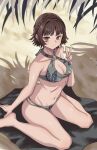 1girl 1girl alluring athletic_female atlus bare_legs beach bikini blush braid brown_hair commentary crown_braid female_abs fit_female high_res looking_at_viewer makoto_niijima medium_breasts navel on_knees persona persona_5 red_eyes s-m-53413 sega short_hair silf smile swimsuit v