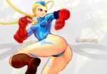 1girl 90s ass beret bizon_(p_regions) blonde_hair blue_eyes blue_leotard bodypaint boots braid cammy_white capcom fingerless_gloves garrison_cap gun hat highleg_leotard highres legs leotard long_legs looking_back one_leg_raised solo street_fighter street_fighter_ii street_fighter_zero street_fighter_zero_(series) thighs thong_leotard twin_braids weapon