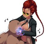 1girl anger_vein angry bald between_breasts blush braid breast_grab breasts capcom crimson_viper dark_skin earrings formal grabbing hetero jewelry large_breasts long_hair milf necktie necktie_between_breasts open_clothes open_shirt pompadour red_hair shirt single_braid solo_focus street_fighter street_fighter_iv street_fighter_iv_(series) suit sunglasses sweatdrop tamasaa tan trembling