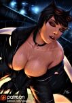 1girl animal_ears arm_support bare_shoulders bat_signal batman_(series) big_breasts black_bodysuit black_choker black_eyeshadow black_hair bodysuit breasts brown_lips cat_costume cat_ears catsuit catwoman choker city cityscape cleavage closed_eyes collarbone dc_comics dcau dutch_angle eyeshadow fake_animal_ears female_only female_solo goggles goggles_on_head head_tilt kneel lips lipstick makeup neck night night_sky o-ring o-ring_choker off_shoulder open_bodysuit open_clothes open_mouth outside rain raining rooftop round_teeth selina_kyle short_hair sky teeth unzipped unzipped_bodysuit upper_teeth upper_teeth_only v_arms water wet wet_clothes wet_skin yupachu zipper