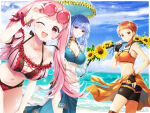 3_girls alluring alternate_costume big_breasts bikini blue_hair cleavage female_focus fire_emblem fire_emblem:_three_houses hilda_valentine_goneril hilda_valentine_goneril_(summer) intelligent_systems leonie_pinelli leonie_pinelli_(summer) marianne_von_edmund marianne_von_edmund_(serene_adherent) matching_hair/eyes multiple_girls navel nintendo official_alternate_costume one_eye_closed orange_eyes orange_hair parasol pink_eyes pink_hair short_hair stomach sunglasses swimsuit umbrella wink yuino_(fancy_party)