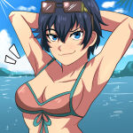 arms_up asian asian_female atlus big_breasts bikini bikini_top blue_hair breasts commission commissioner_upload karbuitt looking_at_viewer megami_tensei naoto_shirogane outside persona persona_4 shirogane_naoto sunglasses sunglasses_on_head