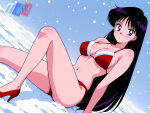 1girl accurate_art_style adult_swim alluring bikini bishoujo_senshi_sailor_moon bishoujo_senshi_sailor_moon_r bishoujo_senshi_sailor_moon_r_the_movie bishoujo_senshi_sailor_moon_s bishoujo_senshi_sailor_moon_s_the_movie bishoujo_senshi_sailor_moon_supers bishoujo_senshi_sailor_moon_supers_the_movie black_hair christmas cleavage high_heels medium_breasts michael_benson outside pin_up purple_eyes rei_hino santa_bikini snow toei_animation toonami viz_media