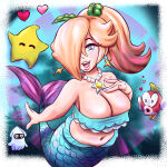 1girl big_breasts blonde_hair blooper cheep_cheep female hair_over_one_eye huge_breasts luma mario_(series) mermaid mermaid_girl mermaid_tail necklace nintendo paramour_cruz paramourcross ponytail princess princess_peach:_showtime! princess_rosalina super_mario_bros. super_mario_galaxy underwater water